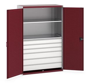 Bott Cubio kitted cupboards come with drawers and shelves, overall dimensions of 1300mm wide x 650mm deep x 2000mm high. The cupboards have reinforced lockable steel doors with zinc plated locking bars and cam providing secure 3 point locking. ... 1300mm Wide Industrial Tool Cupboards